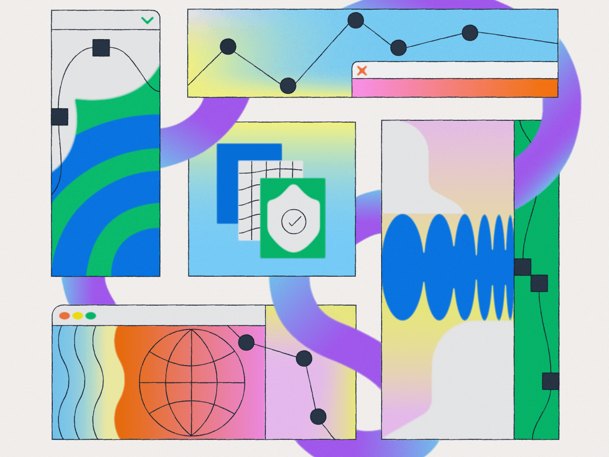 An abstract illustration featuring overlapping panels with graphical representations of data charts, a globe, a security shield, and colorful wave patterns, symbolizing data analytics, security, and global connectivity.