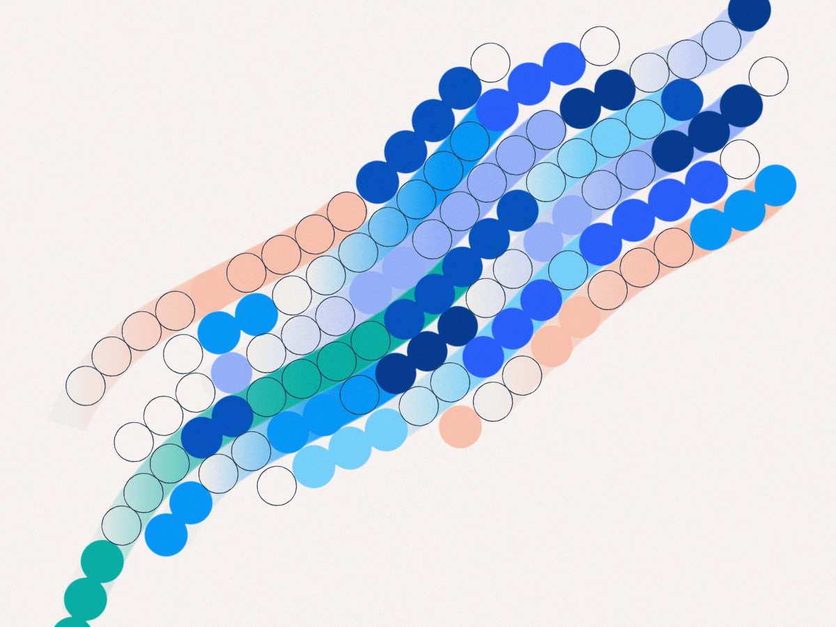 Abstract design of overlapping colored circles in shades of blue, green, and peach flowing diagonally across a light background.