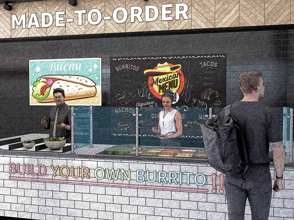 A made-to-order foodservice counter with signage promoting 'Build Your Own Burrito'. Multiple people are at the counter choosing ingredients, with a large 'Mexican Menu' sign in the background, illustrating a customizable burrito bar experience.