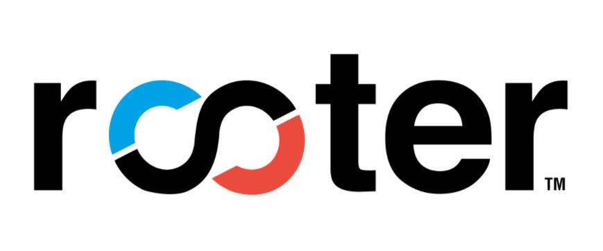 Logo for Rooter Sports featuring stylized text with black, blue, and red accents on a white background.