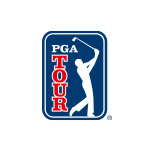PGA TOUR logo featuring a silhouette of a golfer swinging a club inside a blue rectangle with the words 'PGA TOUR' in white and red text.