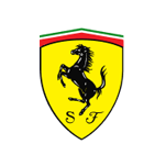 Scuderia Ferrari team logo featuring a black prancing horse on a yellow shield with 'SF' initials and green, white, and red stripes at the top.