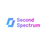 "Second Spectrum logo with blue and pink gradient text and geometric shapes."