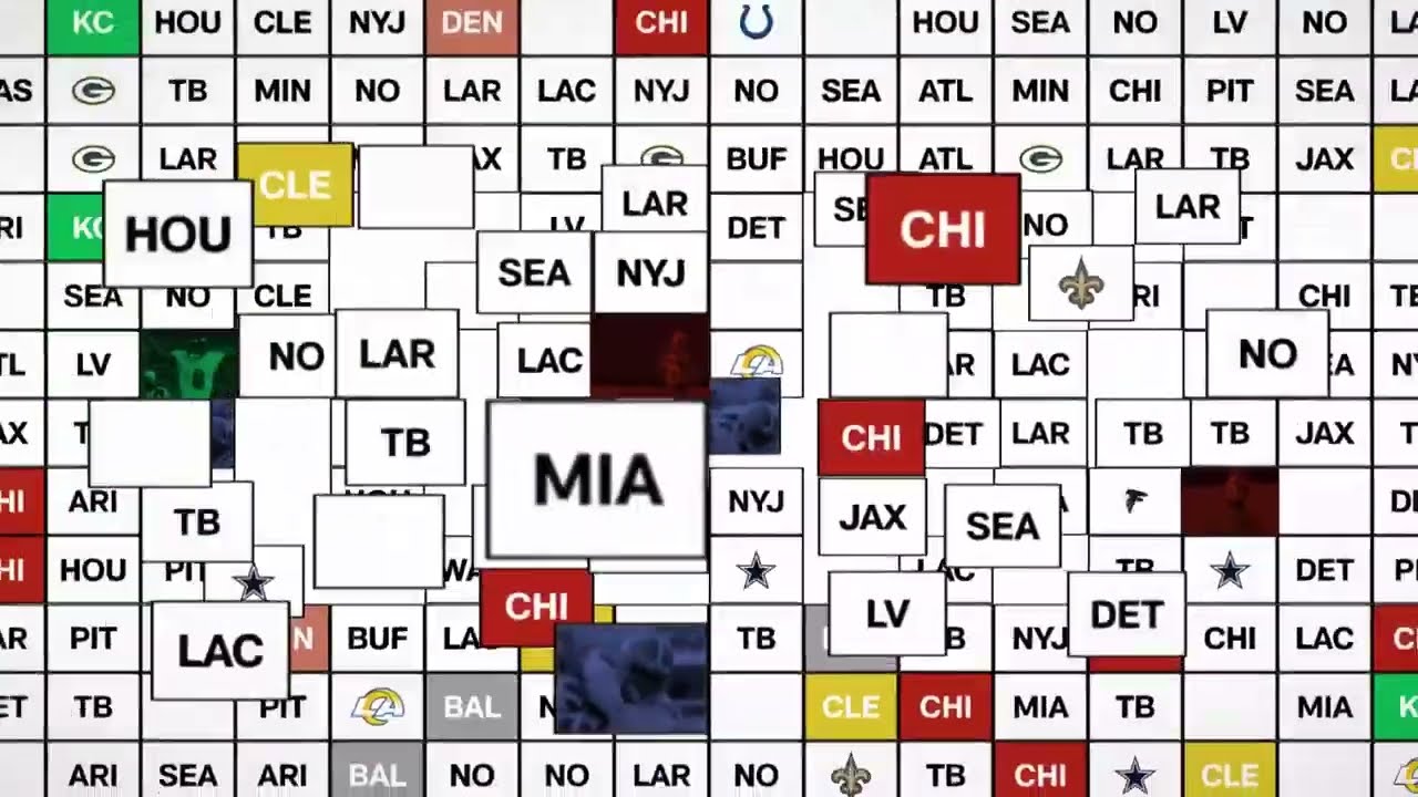 A grid of NFL team abbreviations with varying colors, including red, white, green, and yellow, representing matchups or rankings.