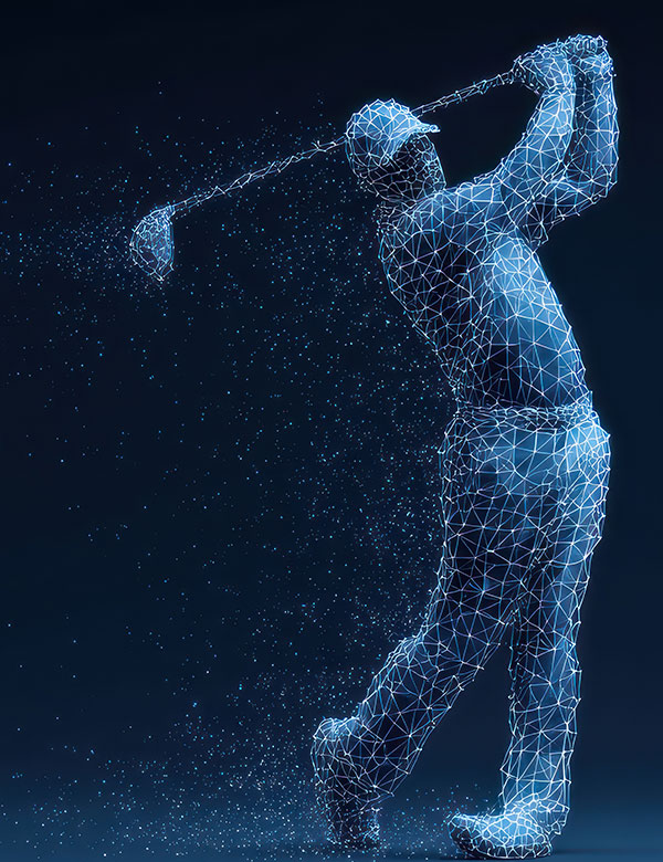 A digital illustration of a golfer created with a blue wireframe and particles, depicted mid-swing with a golf club against a dark background.