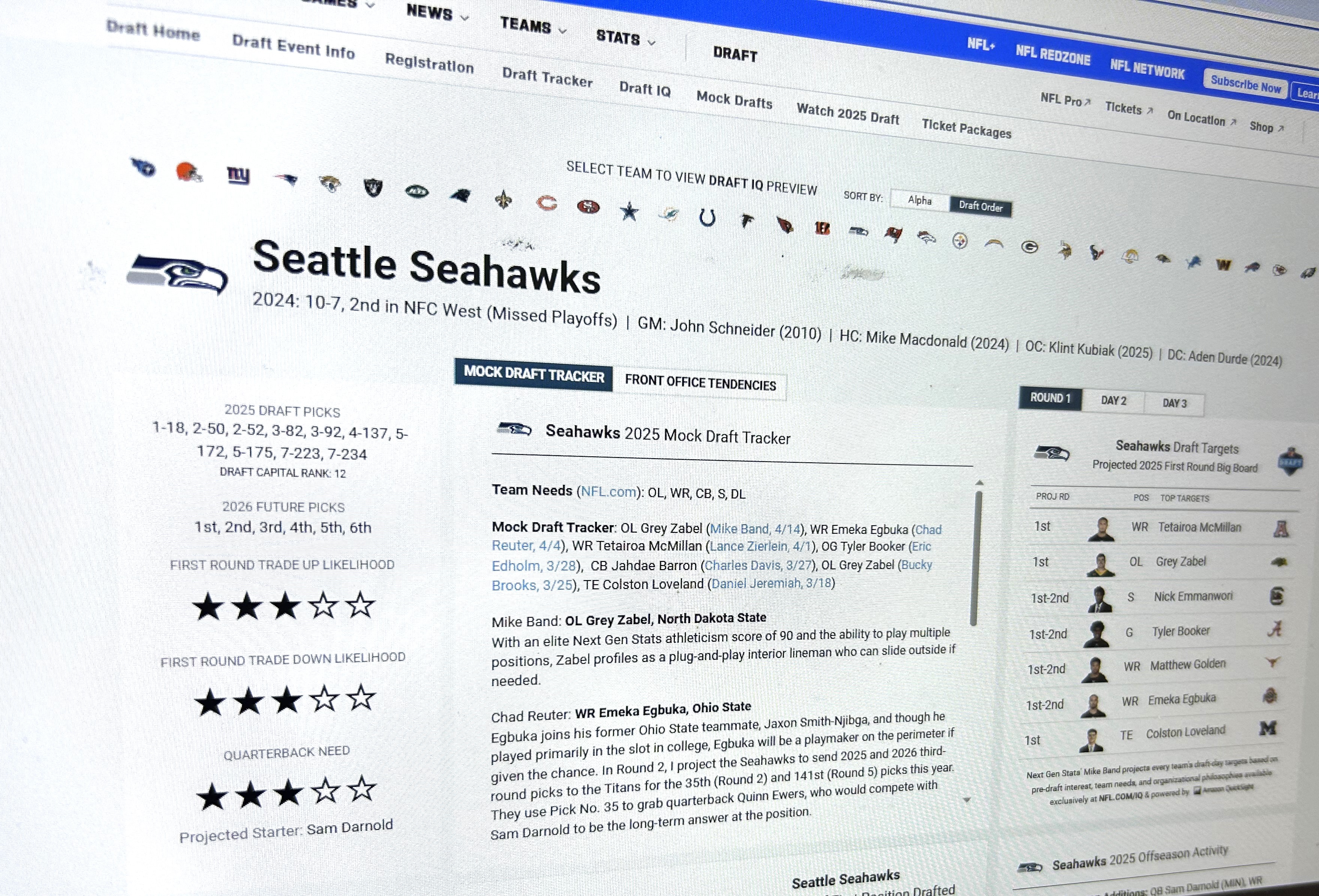 A computer screen displaying the Seattle Seahawks' 2025 NFL mock draft tracker, including team needs, draft picks, and projected player targets.