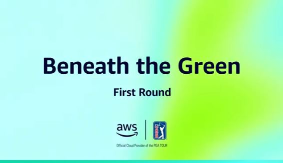 Text reading "Beneath the Green, First Round" on a gradient background of light blue and green, with AWS and PGA Tour logos below.