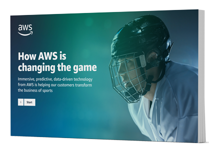 Cover of an AWS eBook titled 'How AWS is changing the game'. The cover features a hockey player in protective gear with the subtitle 'Immersive, predictive, data-driven technology from AWS is helping our customers transform the business of sports.'