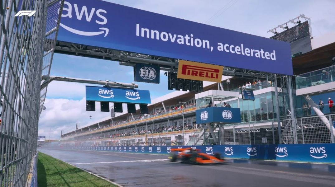 A Formula 1 car speeding past the finish line under a banner reading "AWS Innovation, accelerated," with a crowd-filled grandstand in the background.