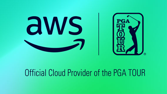 "AWS logo alongside PGA TOUR logo with text reading 'Official Cloud Provider of the PGA TOUR' on a green gradient background."
