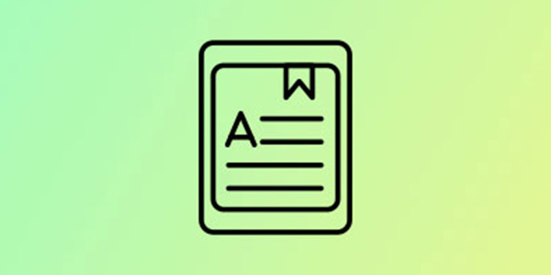 Icon of a document with lines of text, a large "A," and a bookmark symbol, on a green gradient background.