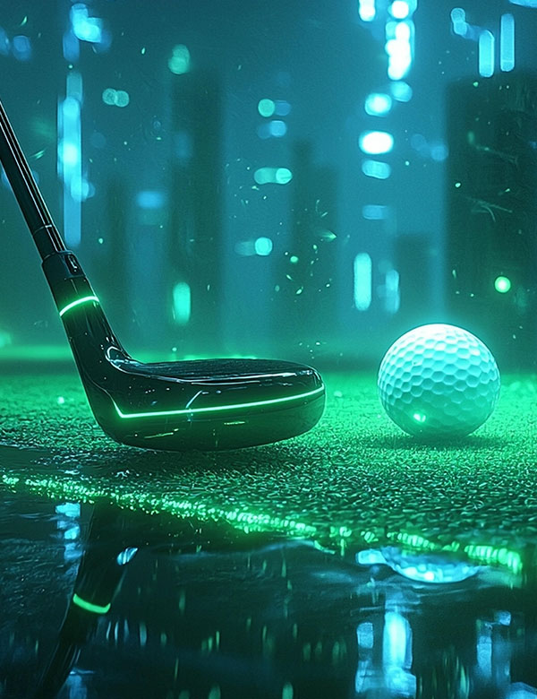 A close-up image of a golf club and ball on a green surface, illuminated with glowing green and blue lights, creating a high-tech, digital atmosphere.