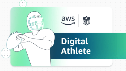 Illustration of a football player holding a ball, with AWS and NFL logos above the text "Digital Athlete."