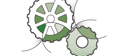 Two interlocking green and white gears with a stylized swoosh in the background.