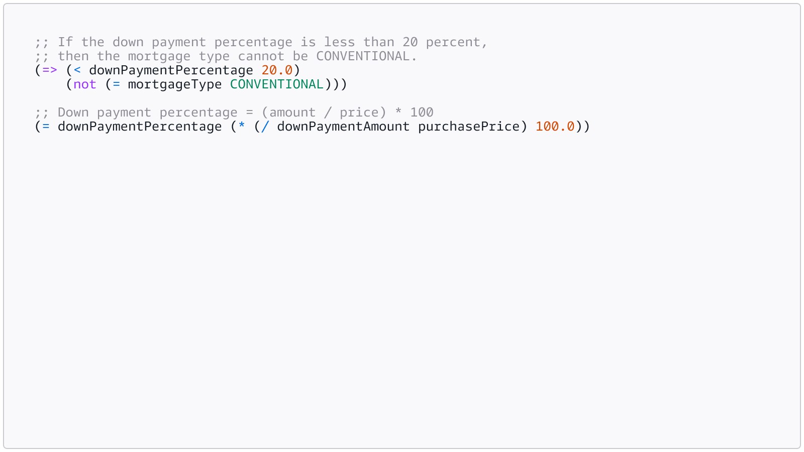 SMT-LIB formal logic rule code validating a mortgage down payment percentage