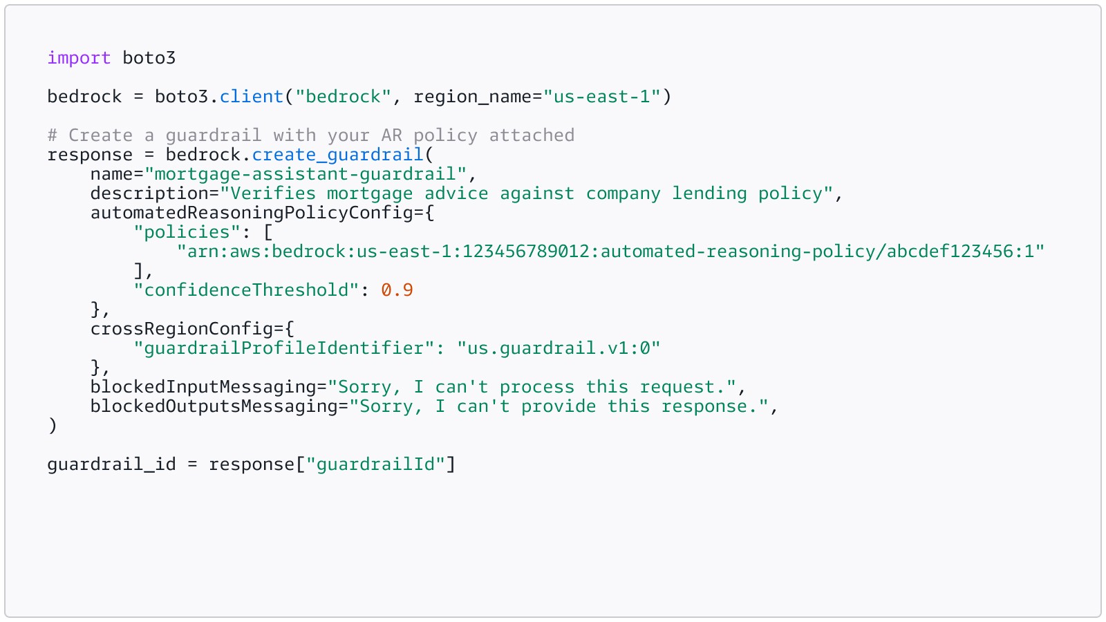 Python code snippet showing how to attach an Automated Reasoning policy to an Amazon Bedrock guardrail