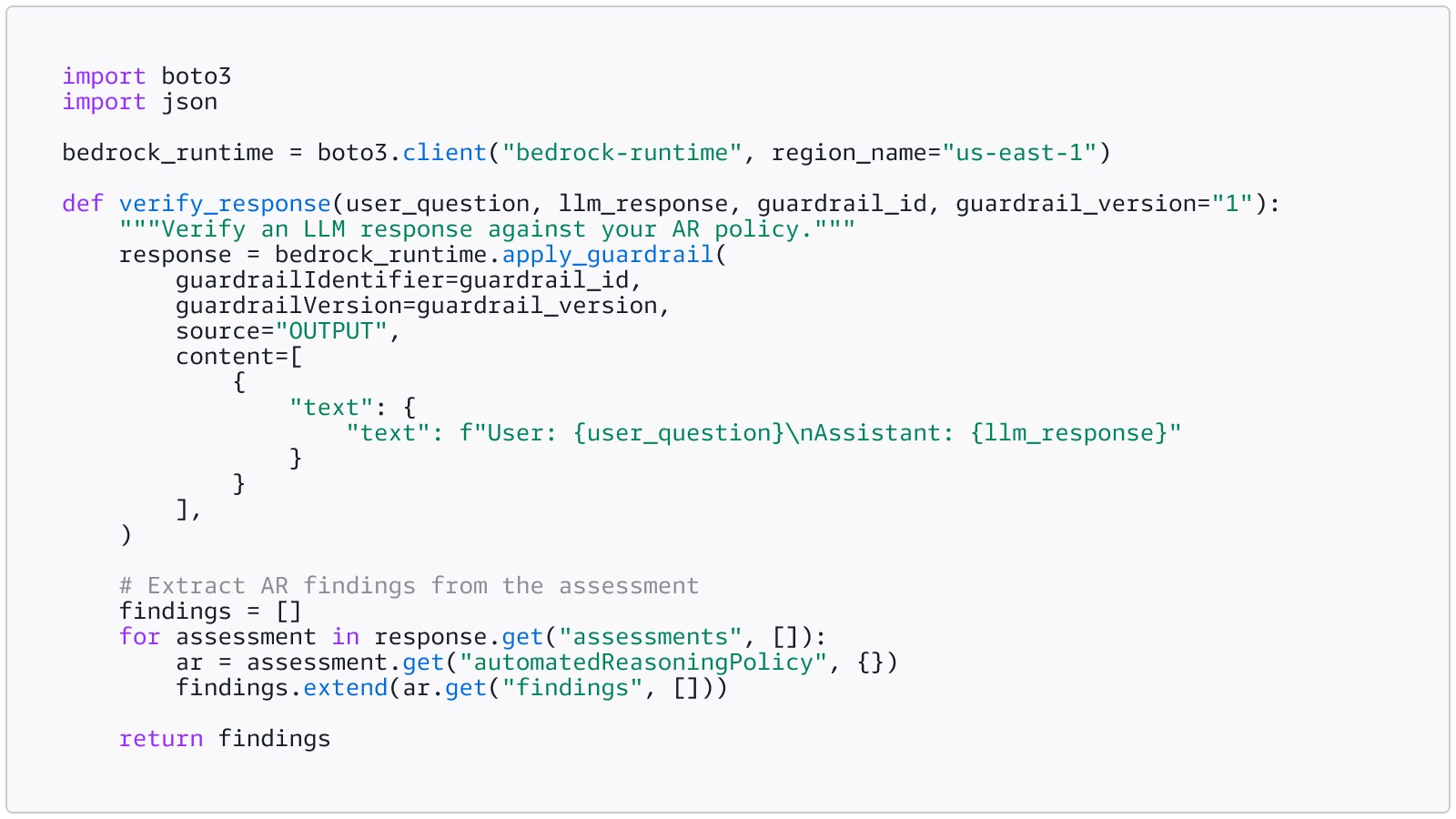 Python code snippet showing a minimal ApplyGuardrail verification integration