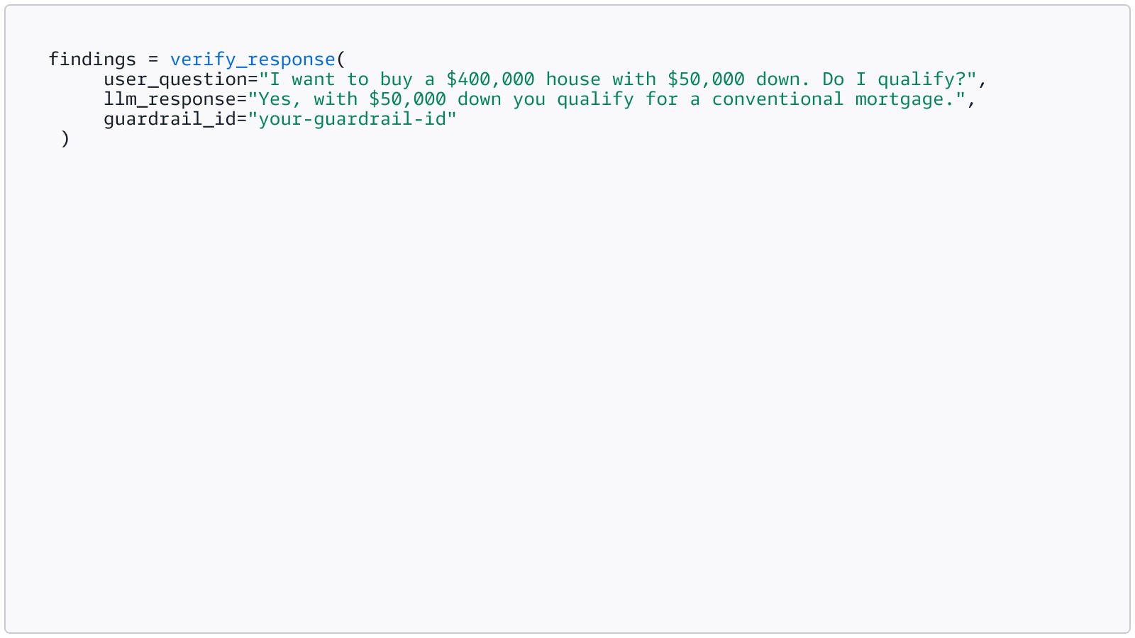 Code snippet showing a mortgage qualification response validated with ApplyGuardrail