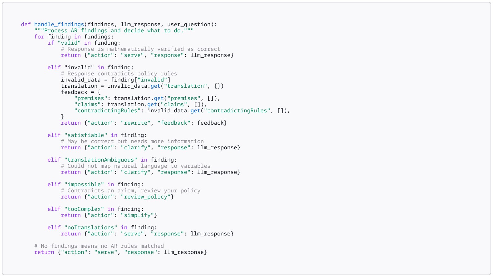Python code snippet showing a findings handler that parses Automated Reasoning findings