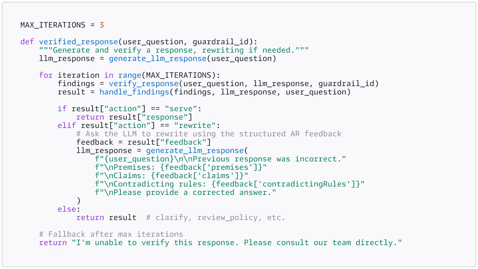Code snippet showing a validation-rewrite loop that regenerates a verified response