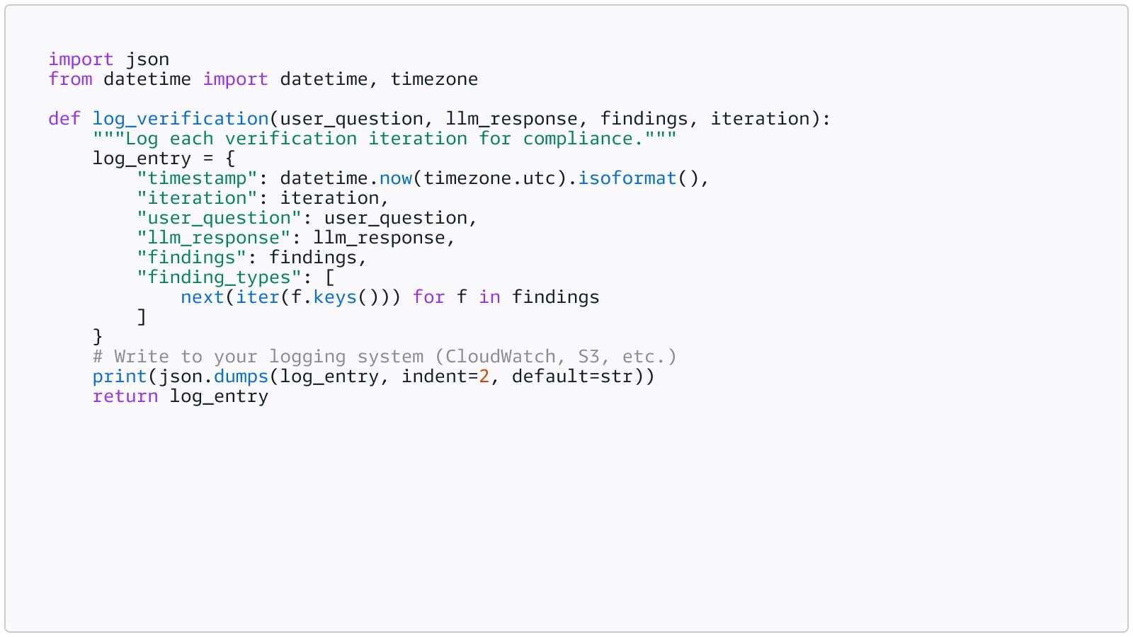 Python code snippet showing verification logging that builds an audit trail