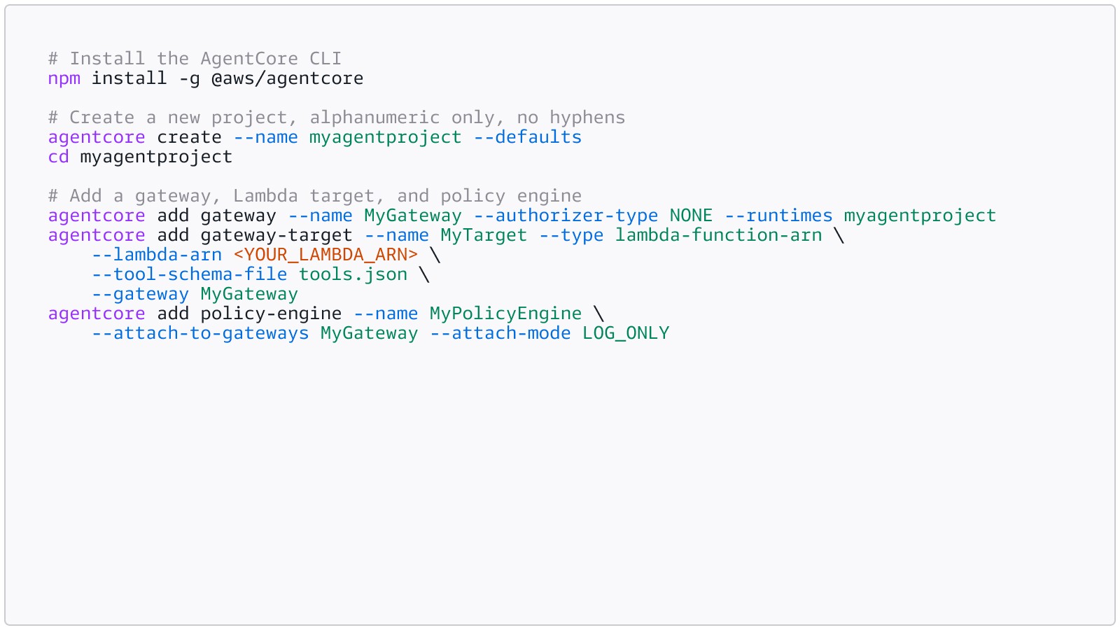 Command-line snippet showing AgentCore CLI commands to set up a Gateway and Policy Engine