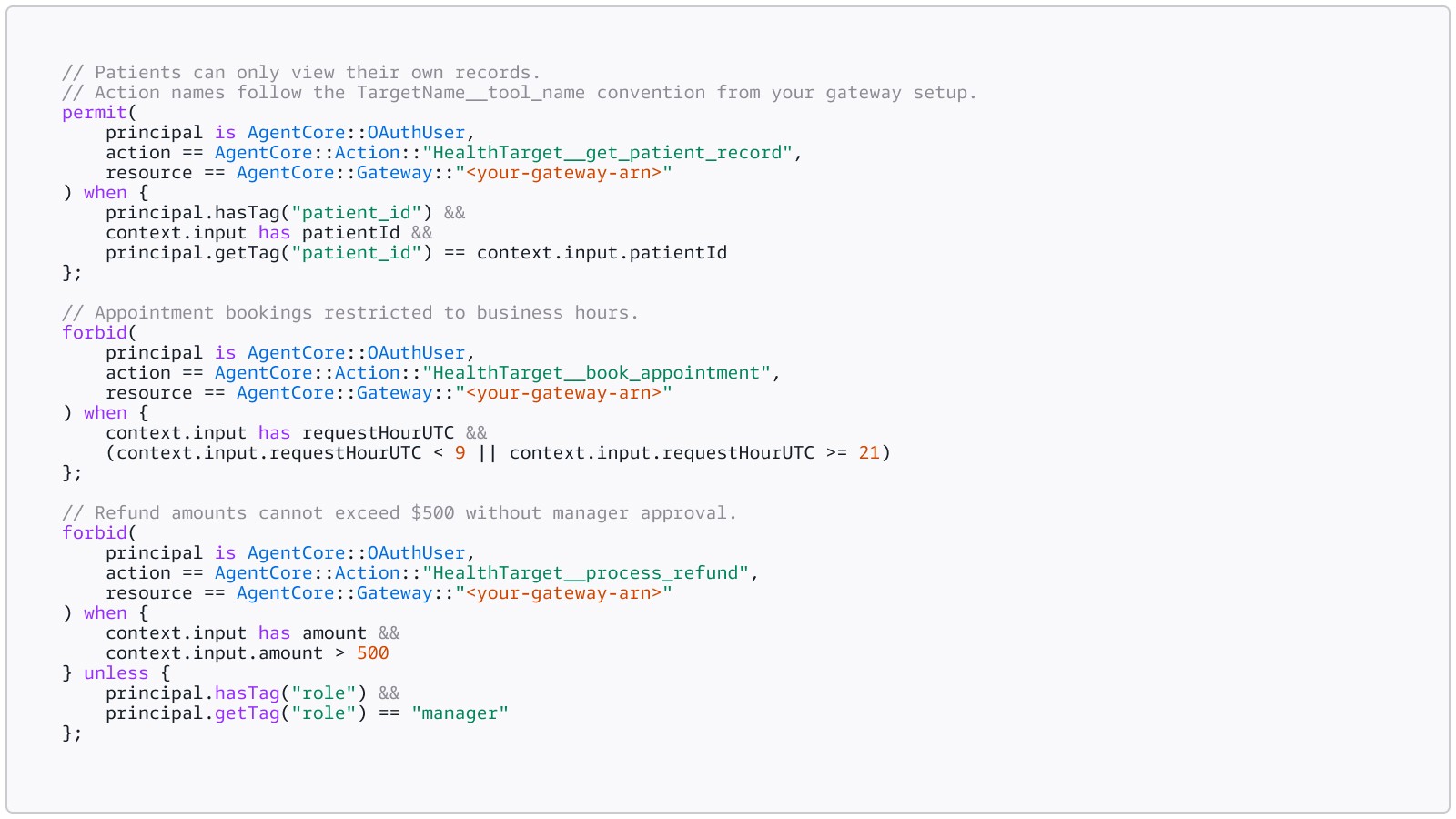 Code snippet showing a Cedar authorization policy for a healthcare appointment agent