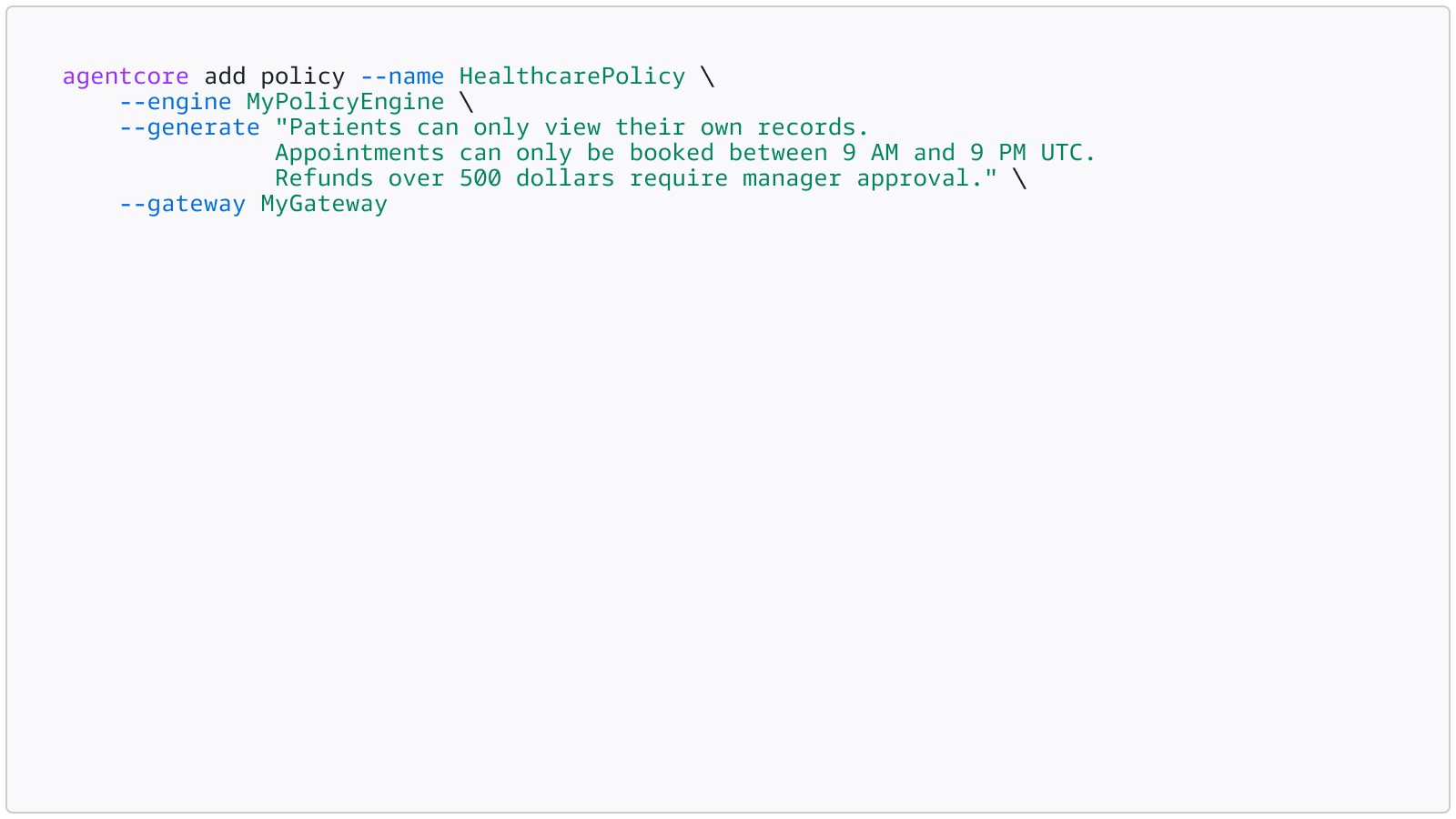 Command-line snippet showing Cedar policy generated from a natural-language description