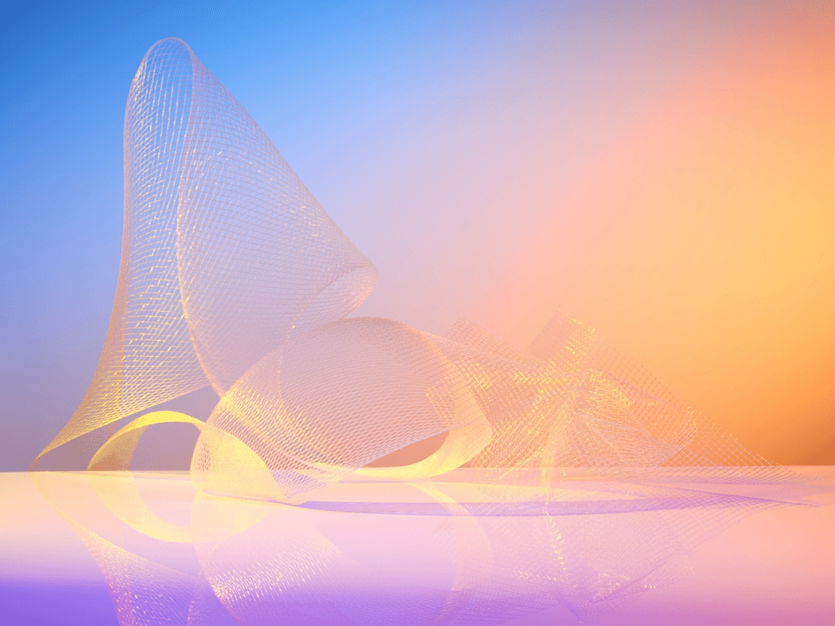 Abstract three-dimensional mesh form lit in warm orange and pink light