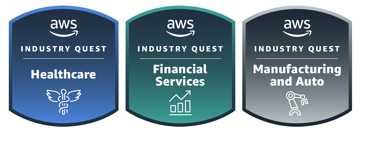 Industry quest badges for healthcare, financial services and manufacturing