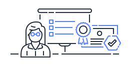 Line illustration showing a person with glasses, a computer monitor with a checklist, and a certificate or award, representing AWS certification and training concepts.