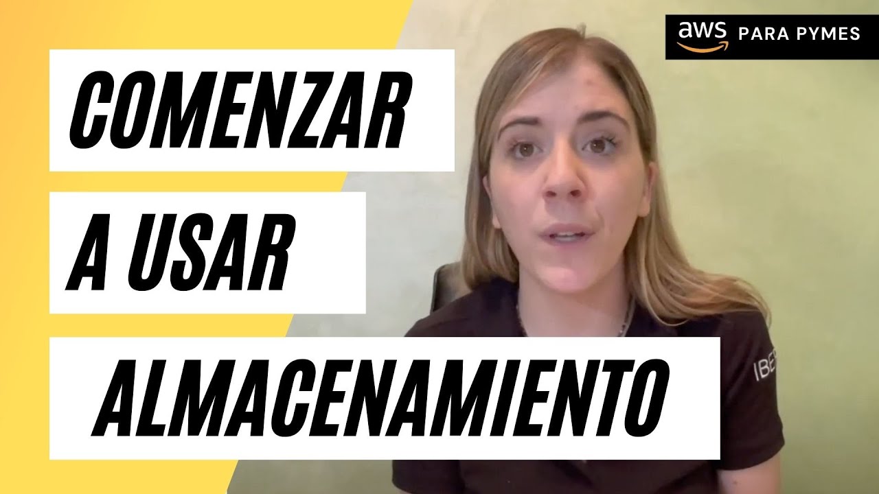 Miniatura de YouTube de AWS para PYMES con una mujer explicando 'Comenzar a usar almacenamiento', fondo amarillo y logotipo de AWS en la esquina superior derecha.