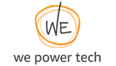 Logo for We Power Tech featuring orange and black colors, with circular graphic and stylized text.