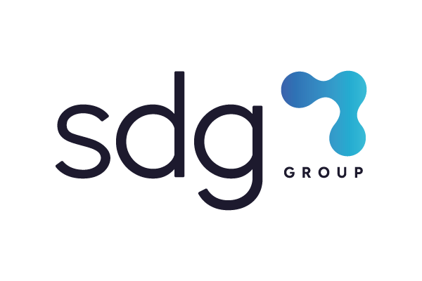 Logo of the SDG Group with stylized text 'sdg' and a blue abstract shape to the right, accompanied by the word 'GROUP'.