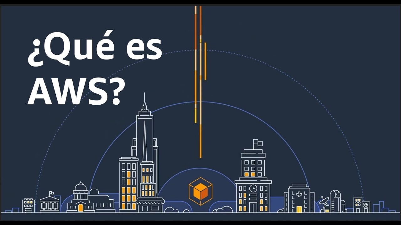YouTube video thumbnail in Spanish with the text '¿Qué es AWS?' displaying a stylized cityscape and AWS icon on a dark background.