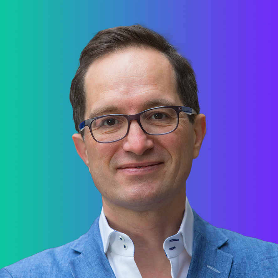 A person wearing glasses and a blue jacket is featured in a portrait against a green and blue to purple gradient background.