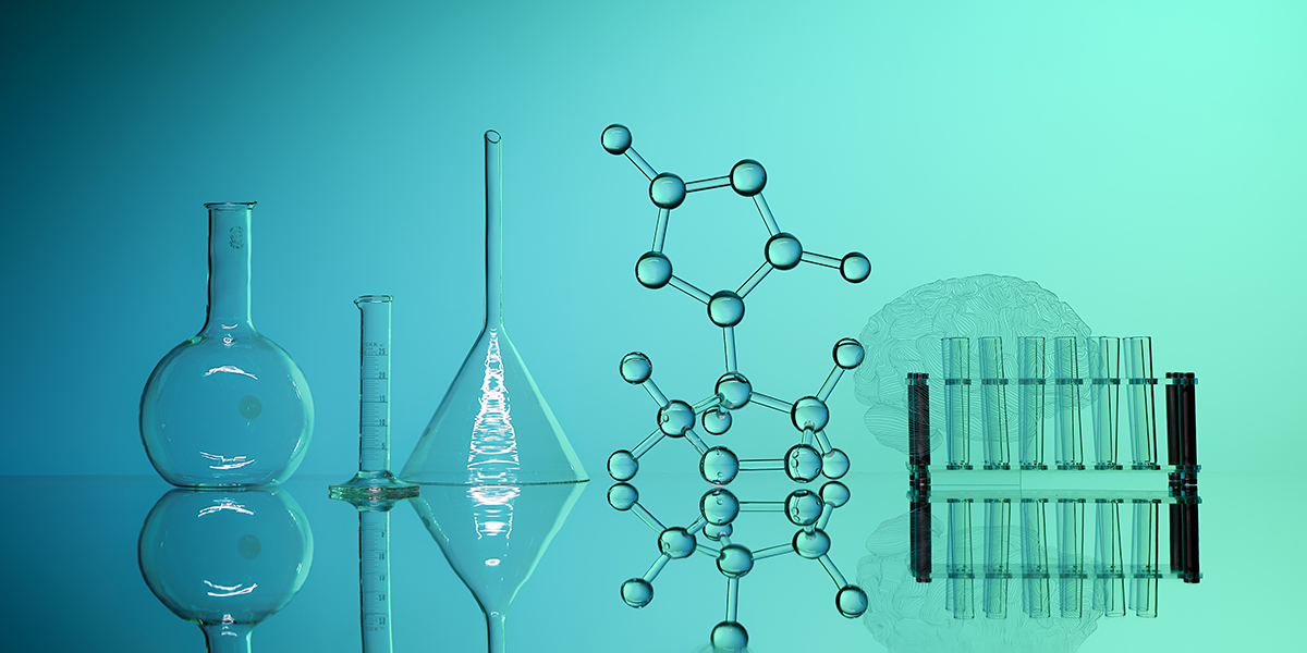 A still life image representing health science, featuring laboratory glassware, test tubes, and a molecular structure model on a reflective surface with a teal background.