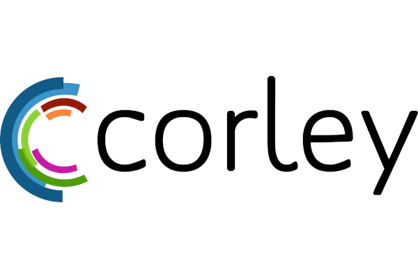The Corley logo featuring a stylized multi-colored circular design to the left of the word 'corley' in black text on a white background.
