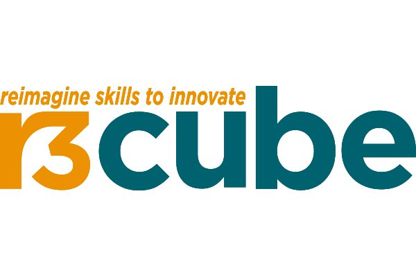 Logo for r3cube with the tagline 'reimagine skills to innovate'.