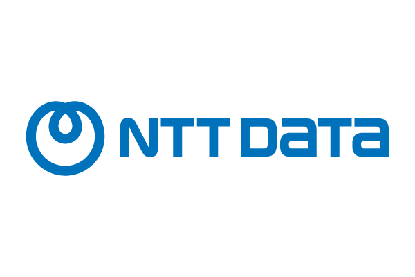 The logo of NTT DATA, featuring a blue emblem and the company name in blue text.