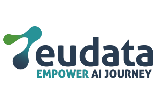 Logo for Eudata with the slogan 'Empower AI Journey' featuring a green and blue abstract graphic.