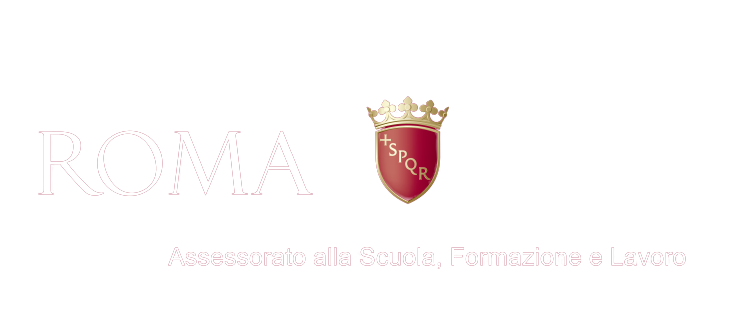 Logo con testo 'ROMA' e lo stemma SPQR, accompagnato dalla dicitura 'Assessorato alla Scuola, Formazione e Lavoro' su sfondo nero.