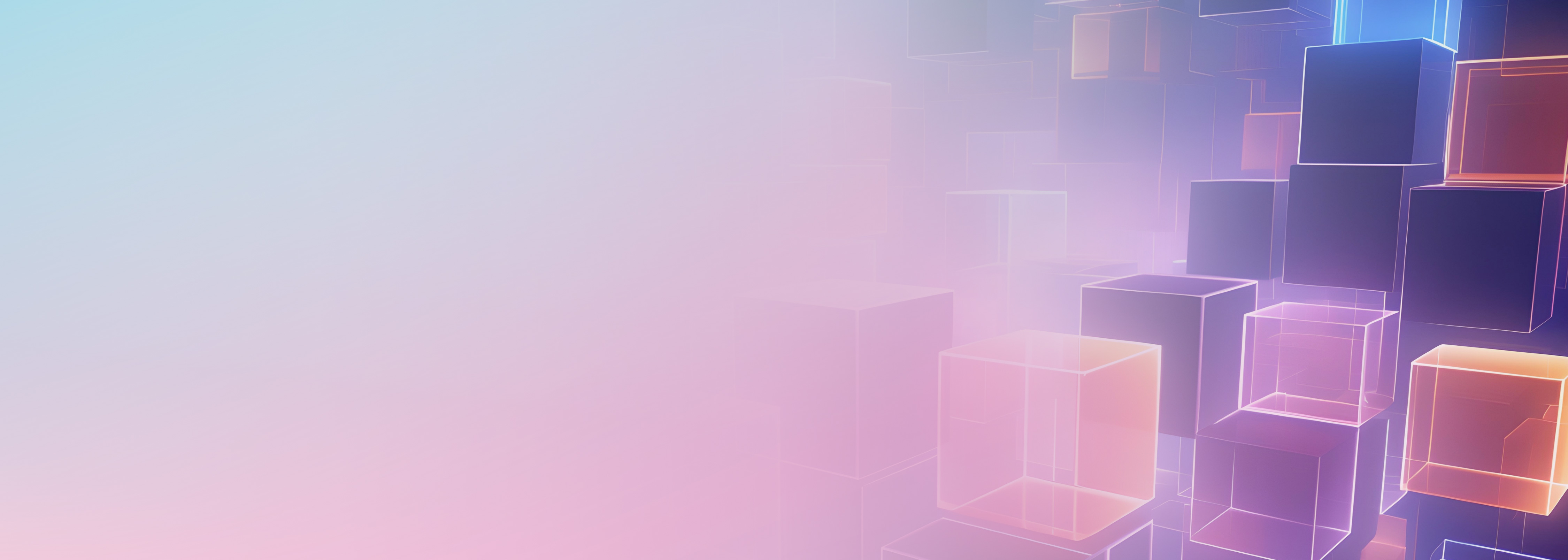 A digital abstract background featuring translucent 3D cubes in pastel shades of blue, pink, and purple, representing architectural design or data structures in a modern, minimalist style.