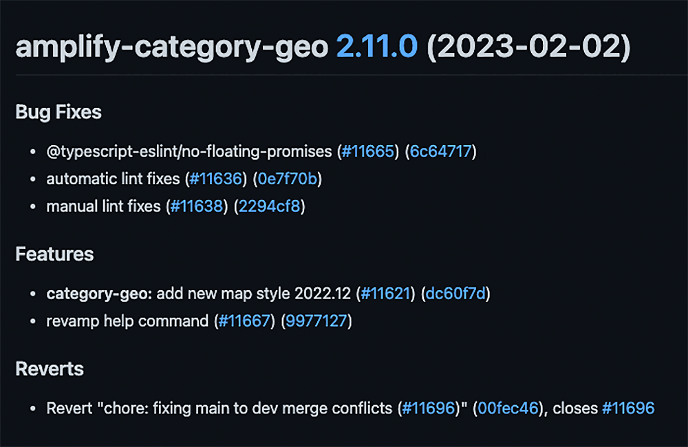 Screenshot of the release notes for amplify-category-geo version 2.11.0, dated 2023-02-02, highlighting bug fixes, new features, and code reverts.