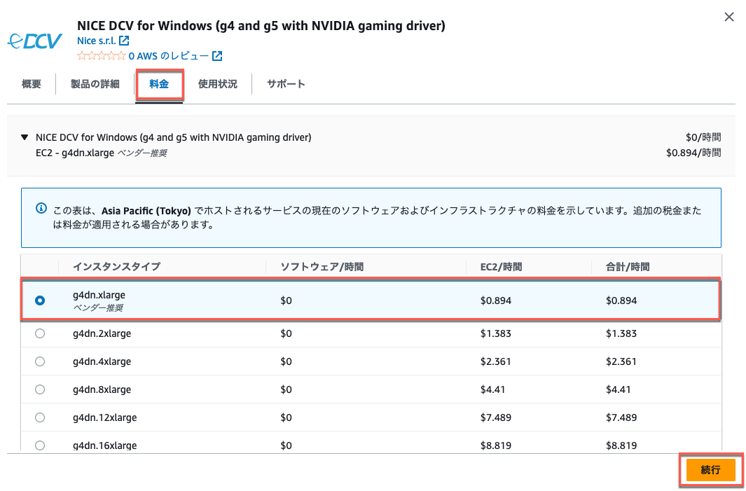 Screenshot of the AWS NICE DCV for Windows (g4 and g5 with NVIDIA gaming driver) pricing page for EC2 instances in Asia Pacific (Tokyo) Region, in Japanese. Shows software and EC2 hourly pricing for various g4dn instance types.
