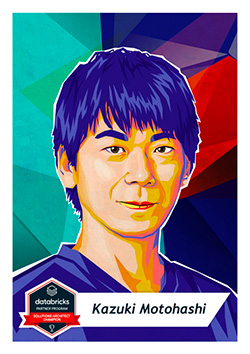 Colorful illustration portrait of Kazuki Motohashi, with a Databricks Partner Program badge visible in the corner.