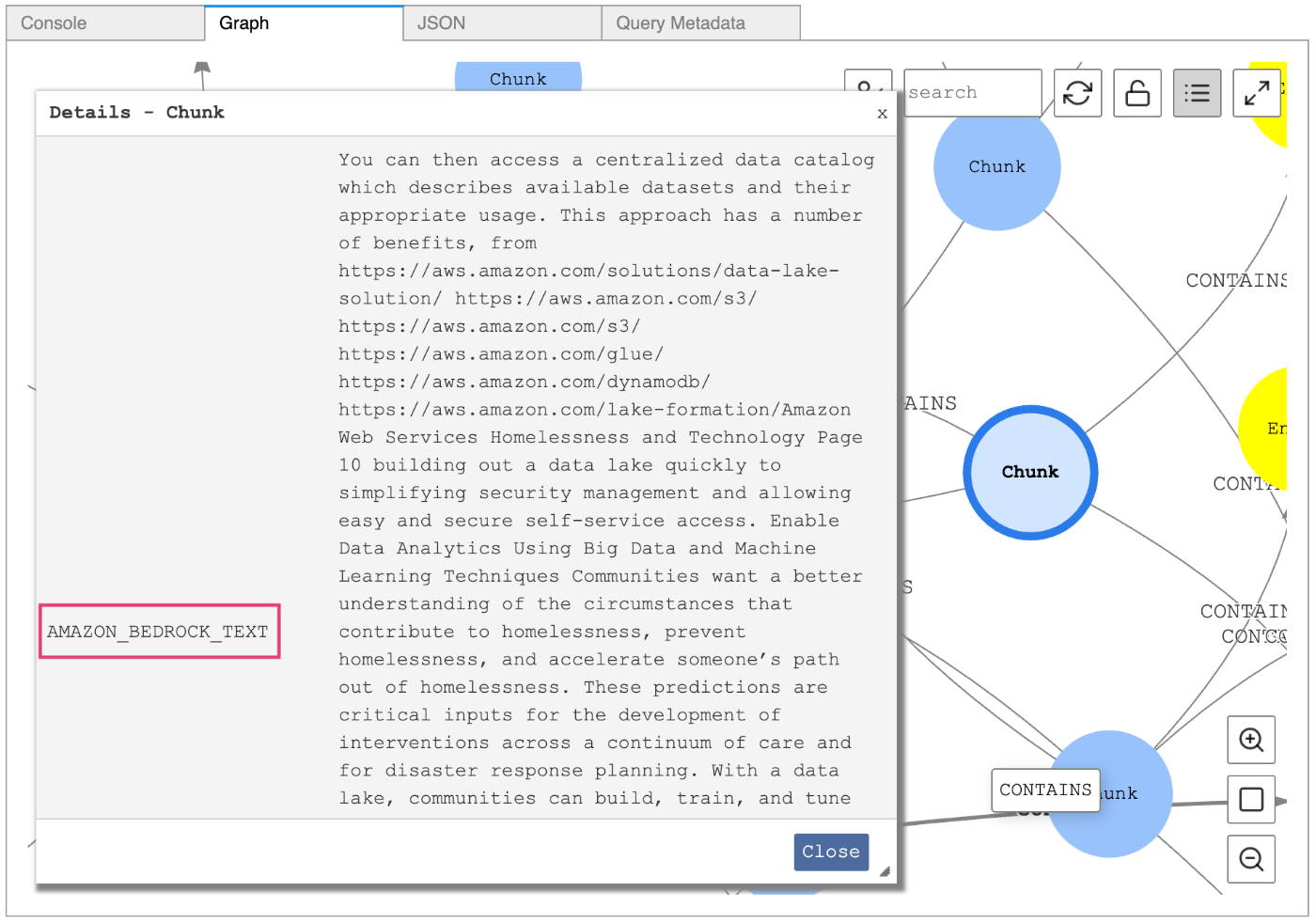 Screenshot of the AWS Data Lake interface showing a graph visualization of data chunks and a detailed view of a selected chunk. The detail window explains accessing a centralized data catalog for available datasets, usage, and benefits such as building out a data lake, data analytics, and supporting technology-driven interventions.