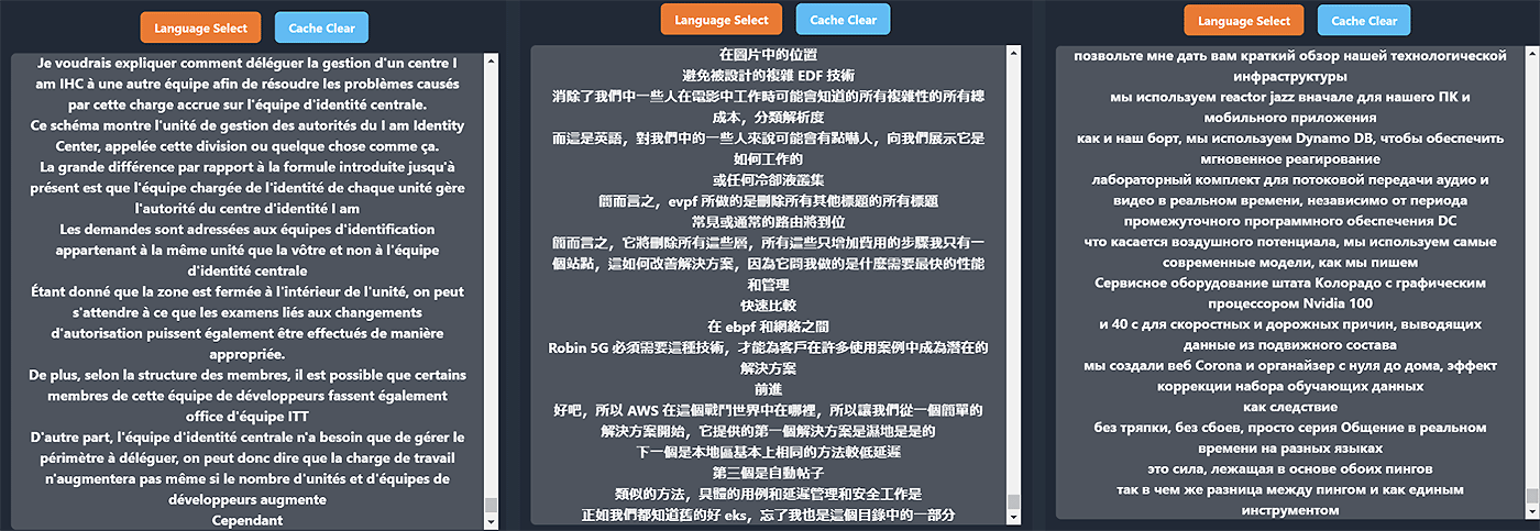 Screenshot of the JAWS Pankration 2024 user interface displaying multilingual content in French, Chinese, and Russian, with visible language selection and cache clear buttons.