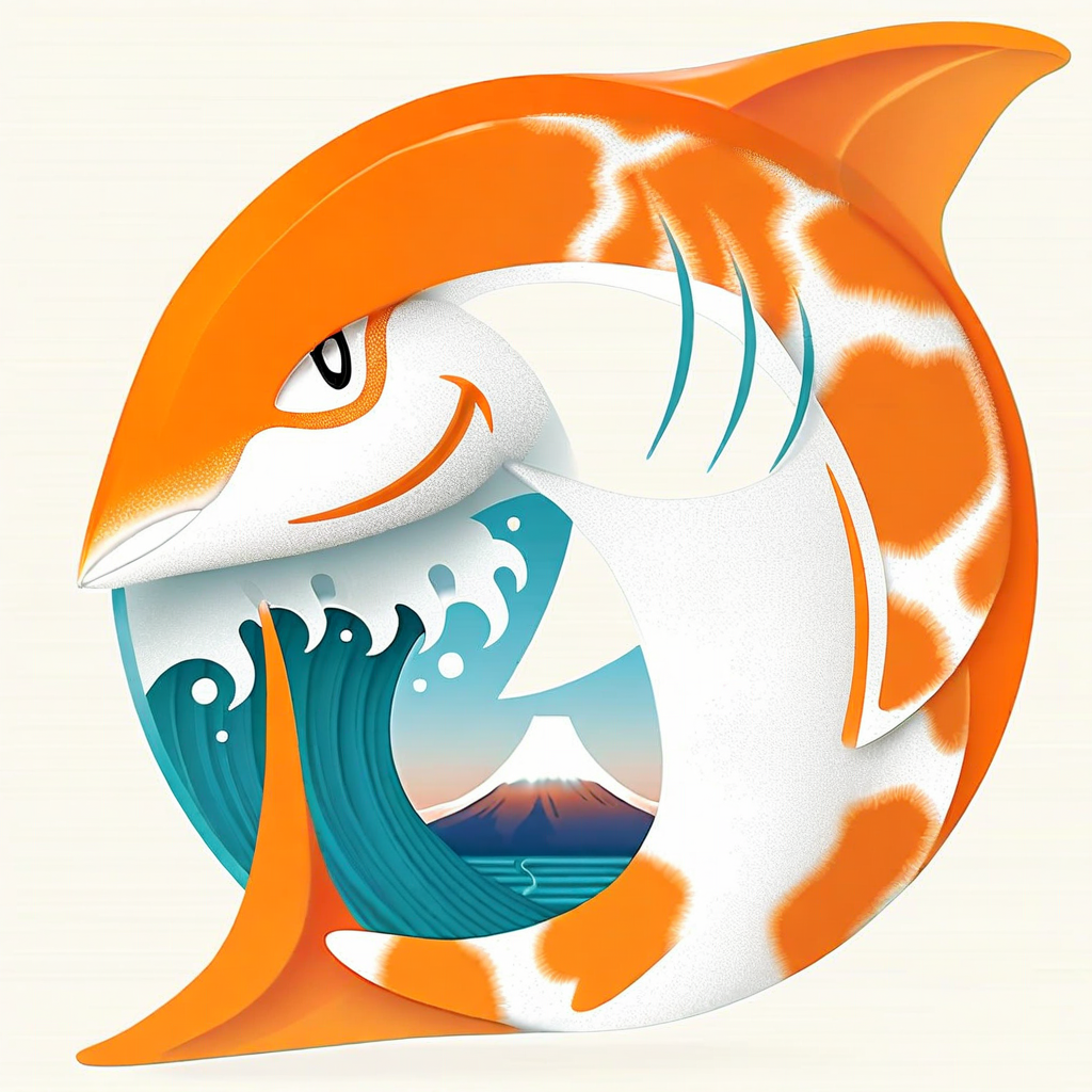 An illustration in a Japanese art style featuring an orange and white shark, a stylized ocean wave, and Mount Fuji in the background.