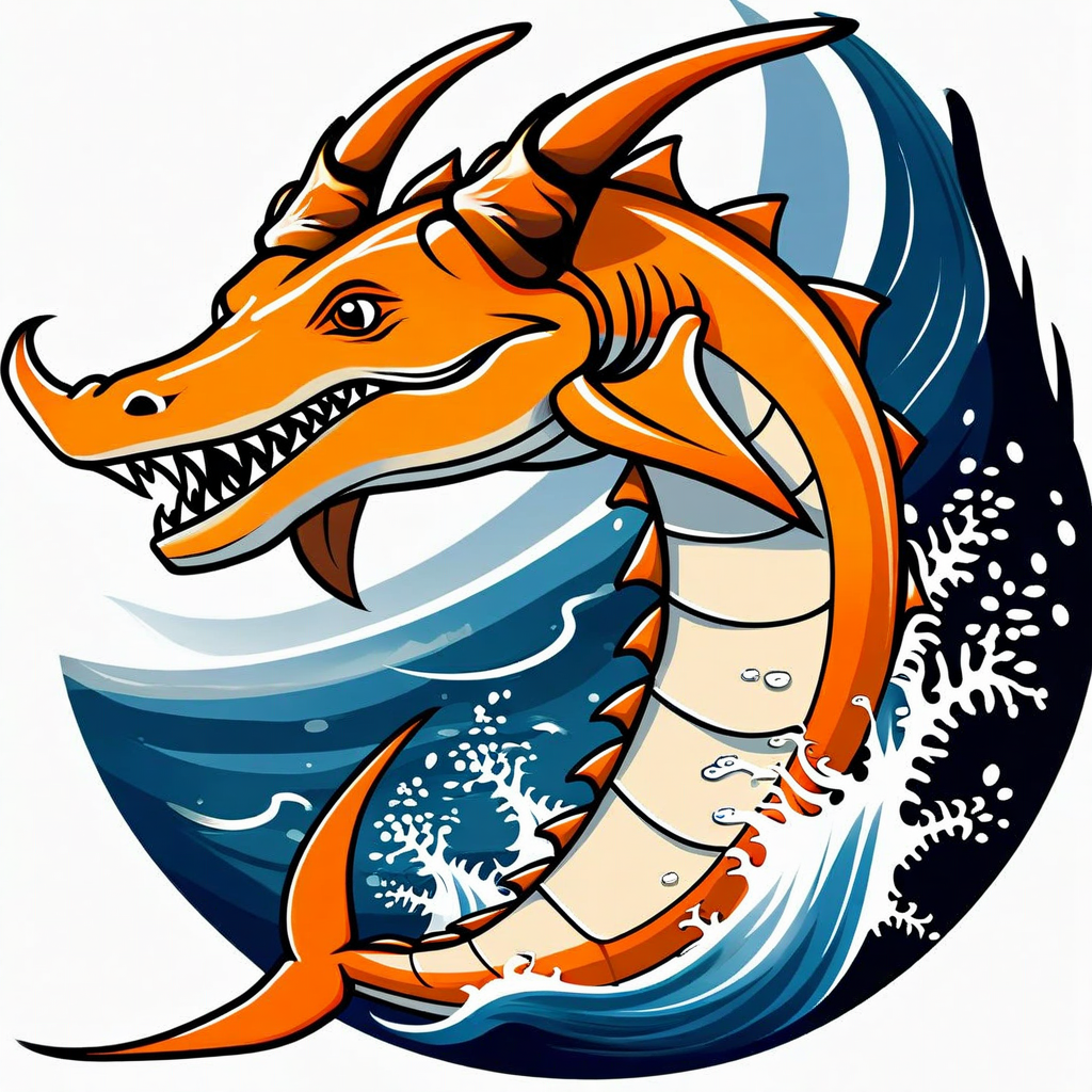 An illustration of an orange sea dragon with horns emerging from and splashing through ocean waves.